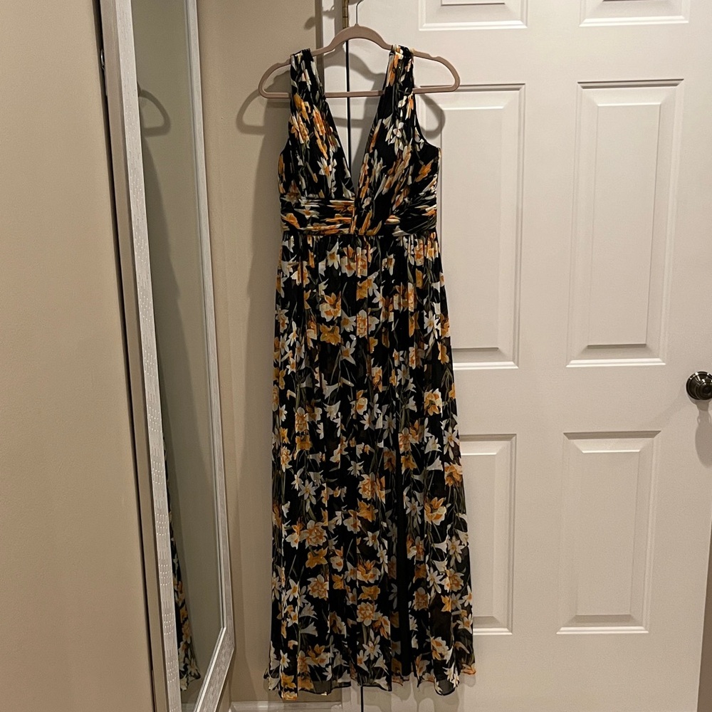 Aidan Mattox Black Maxi Dress with Yellow & White Floral Print